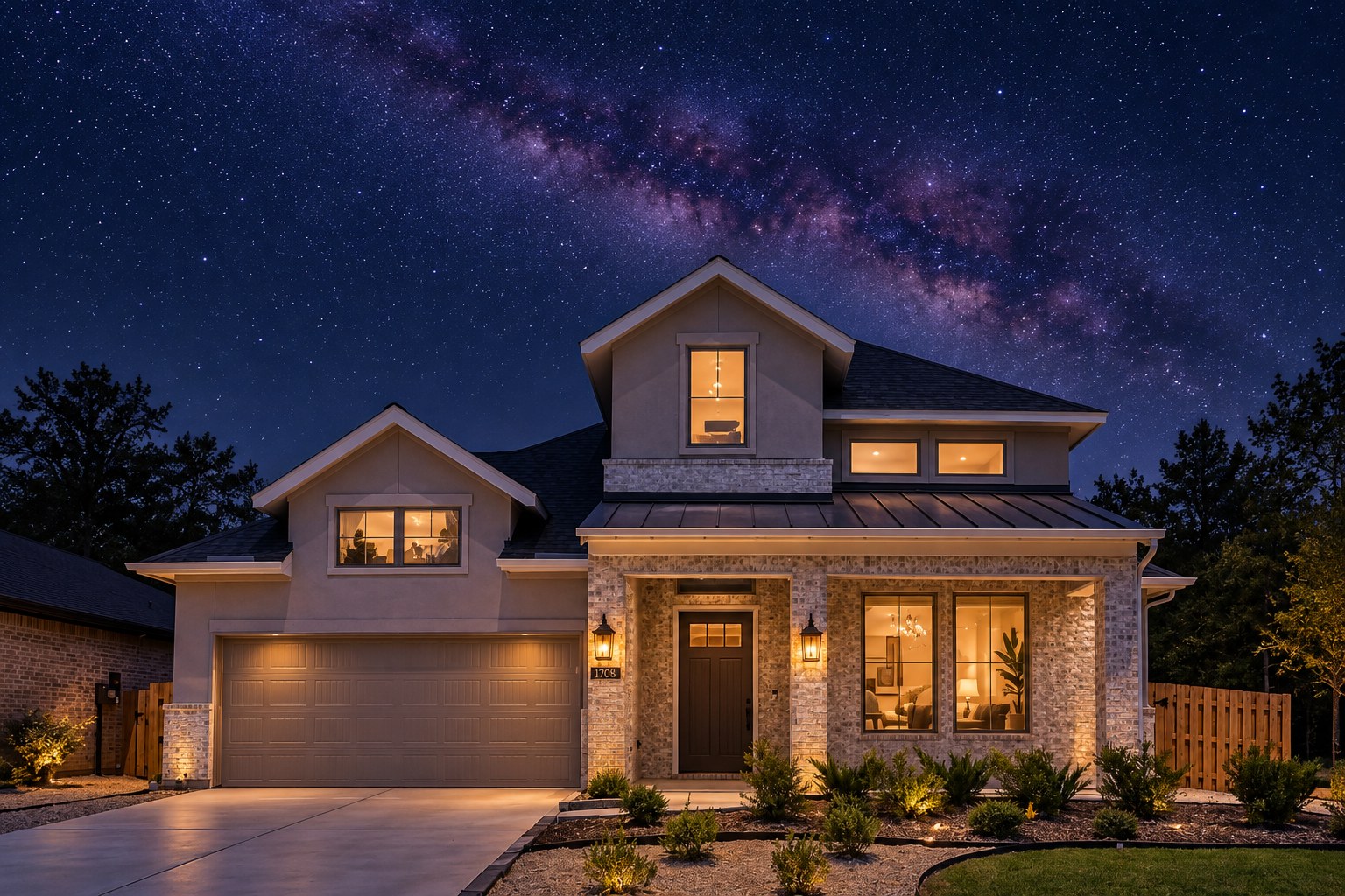 Nighttime illustration of the Perry home at 1708 El Pino Street beneath a starry Texas sky