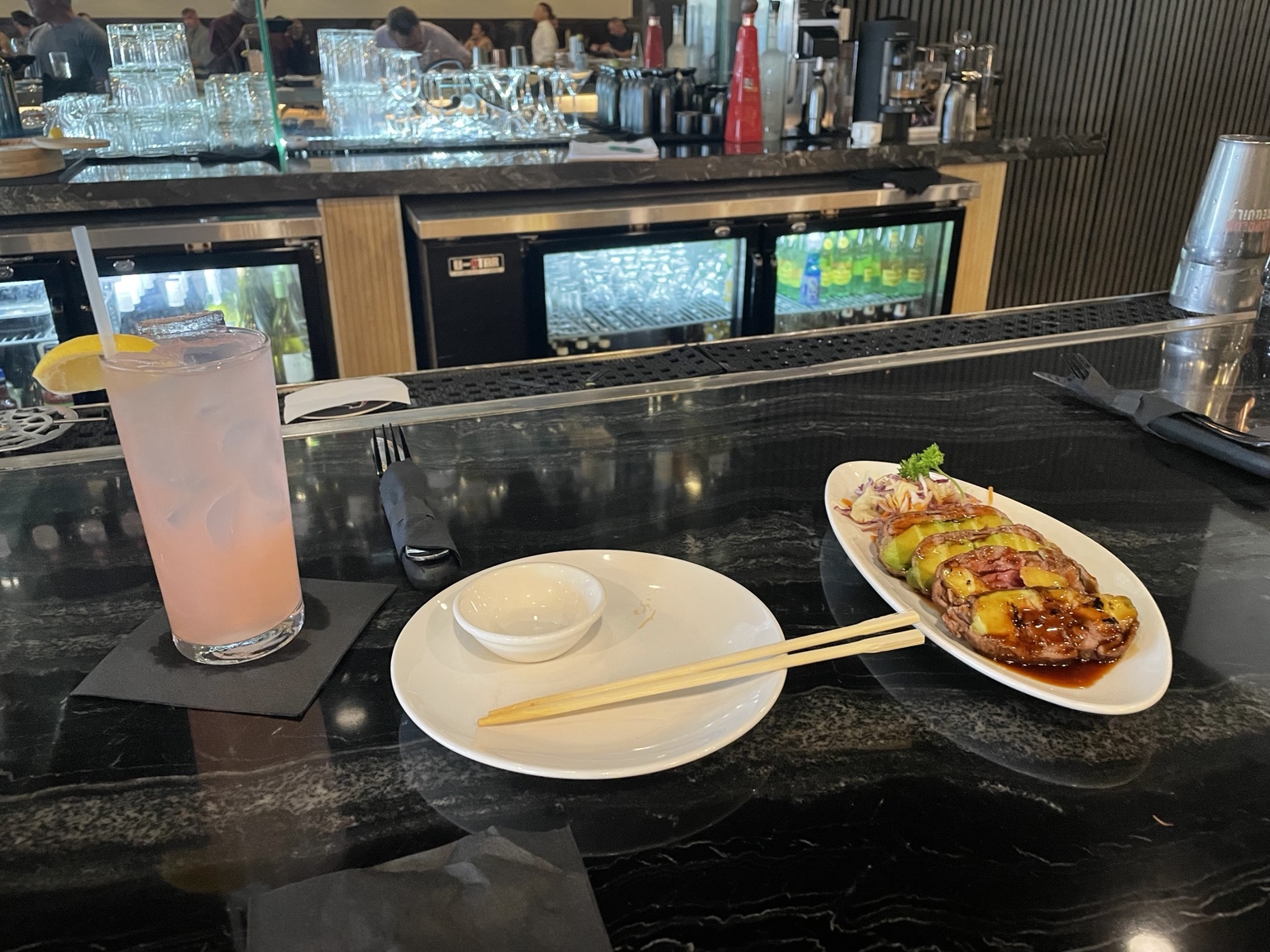 Apt Rib-Eye Beef Rolls with avocado and teriyaki sauce at Suxico Sushi